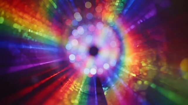 Vibrant rainbow light tunnel with colorful bokeh rays for festive background.