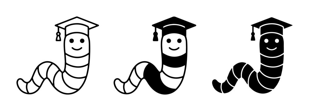 Graduation Worm Icons, Cute Cartoon Graduate Earthworm Vector Art, Education Concept Illustrations