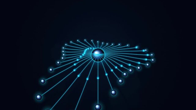 Abstract futuristic glowing network connection nodes with light beams radiating outward