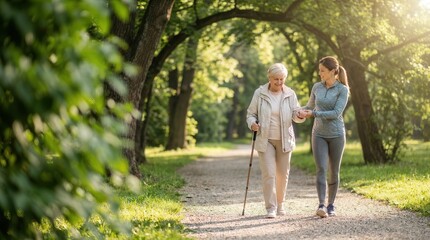 Fototapeta premium Caregiver assisting senior woman walking with cane in park