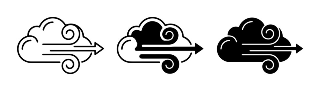 Windy Cloud Icons, Weather Symbols, Air Flow Directional Arrows, Black and White Vector Graphics for Meteorology and Forecasting