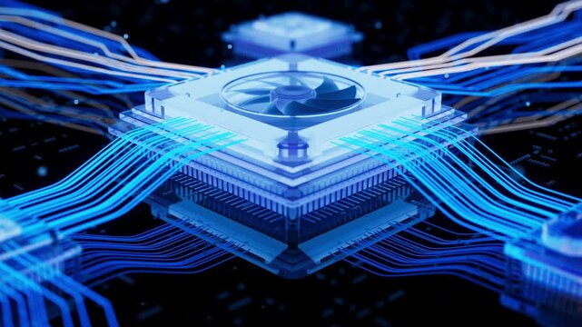 Sci-fi x-ray view of a powerful microprocessor, blue electric pathways, and high-speed data flow in a futuristic computing system.