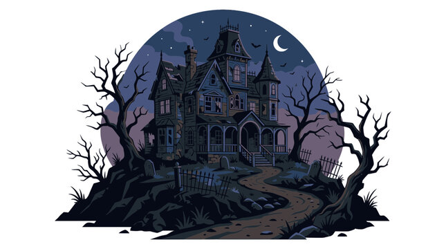 Spooky haunted mansion vector illustration, creepy gothic house on hill with dead trees, dark halloween estate at night with moon