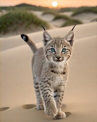 Fototapeta premium A Balkan lynx genetic hybrid experiment fantasy animal, fictional species in warm coastal dunes