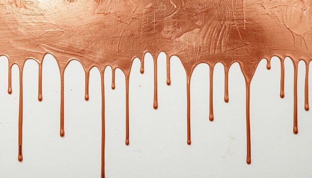A close-up view of molten copper dripping down a white surface, creating a unique abstract pattern