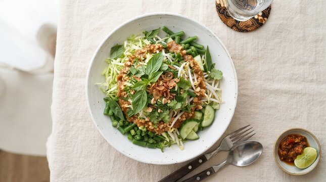Traditional Indonesian karedok or gado gado raw vegetable salad with peanut sauce, basil leaves, and chili sambal top view