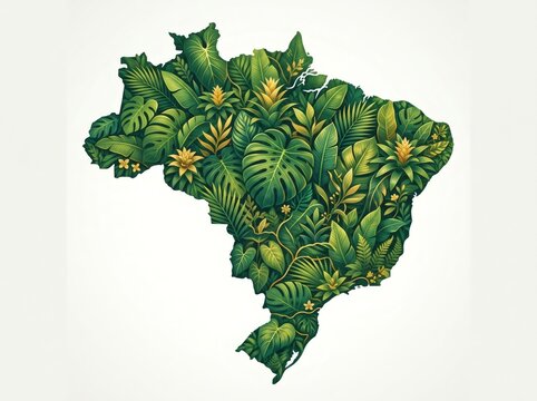 Brazil map outline showing lush tropical plants