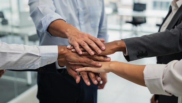 A group of diverse business professionals stacking their hands together in a symbol of teamwork and unity in a modern office setting.