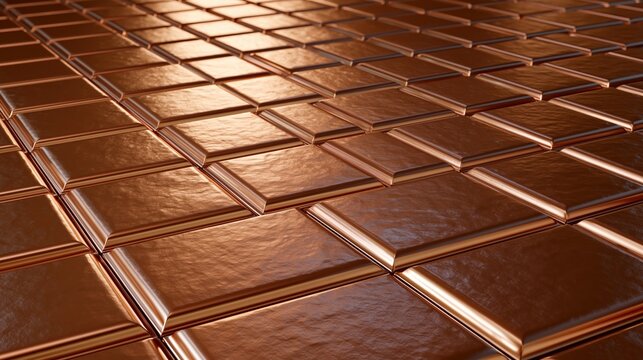 Close-up of a textured copper tile surface, reflecting light in a geometric pattern