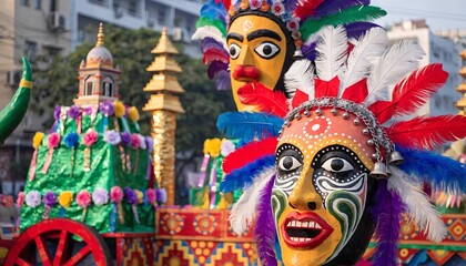 Fototapeta premium Colorful Traditional Festival Masks With Elaborate Feathered Headdresses On Parade
