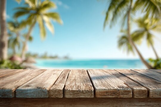 Tropical paradise wooden table view