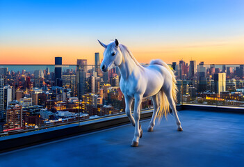 Obraz premium White unicorn standing on a modern rooftop terrace overlooking a sprawling city skyline at sunset