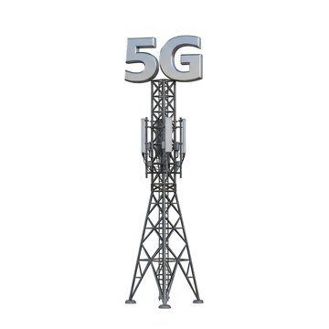 Metal 5g telecommunication tower isolated on white background