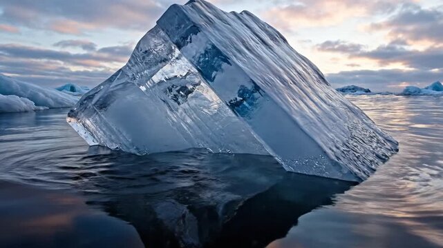 Clear ice block floating in arctic sea at sunset