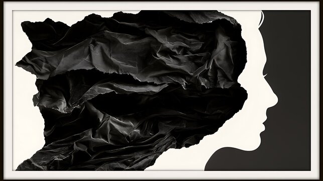 Prompt: A beautiful dark romantic view. A clean white profile head silhouette is filled with heavy, deeply creased layers of torn black velvet fabric casting dramatic shadows inside the frame. 