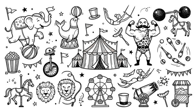 Vintage Circus and Carnival Vector Icon Set with Tent Elephant Seal Strongman Acrobat Ferris Wheel Carousel Lion Juggling Clubs and Popcorn Car