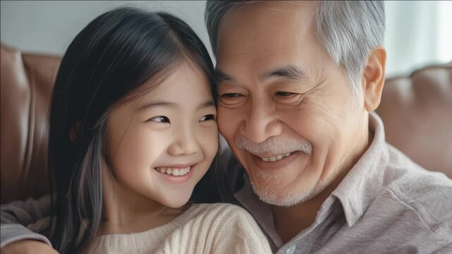 Emotional connection between two generations, a heartwarming scene of a young girl hugging her elderly grandpa with joy.