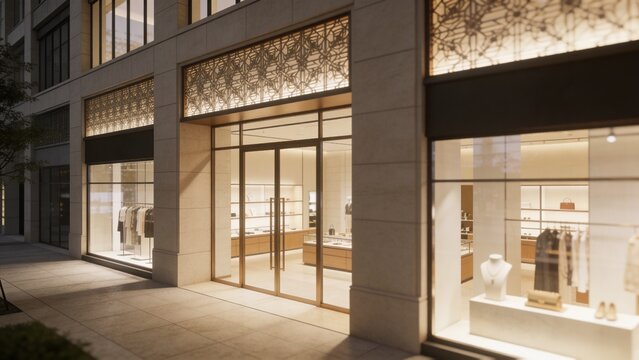 Luxury fashion boutique exterior featuring elegant stone facade expansive illuminated glass storefront refined jewelry displays clothing collections handbags shoes mannequins warm interior lighting 