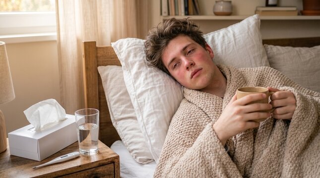 Sick middle-aged man in bed holding thermometer checking fever symptoms at home
