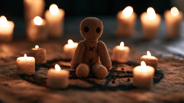 Skeleton rag doll sitting among burning candles on table