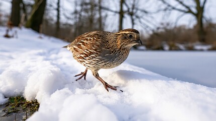 Obraz premium Small quail walking in fresh snow after winter storm