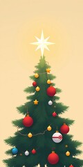 Fototapeta premium Minimalist illustration of a star shining bright on top of a flat Christmas tree with ornaments, holiday season, trees.