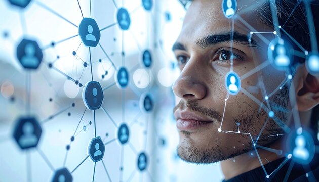 A focused professional man analyzes a glowing digital network interface, visualizing social connections, business communication, and human resource technology with futuristic vision.