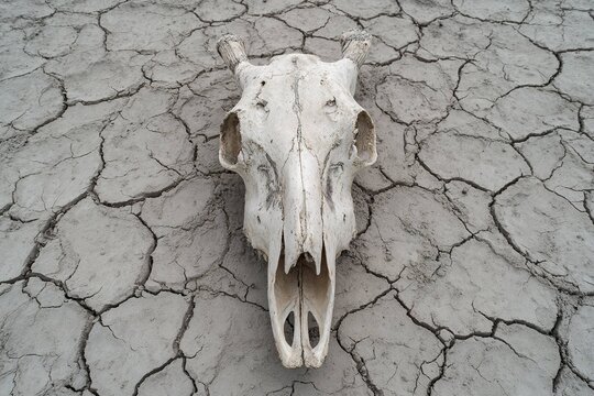 animal skull buried in dry cracked earth
