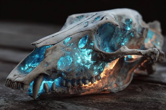 animal skull glowing with ancient energy