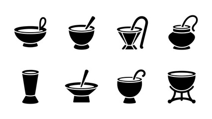 Obraz premium Set of traditional cooking utensils and bowls with spoons illustrated