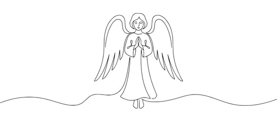 Naklejka premium Continuous line drawing of an angel with wings and hands clasped in prayer isolated on white