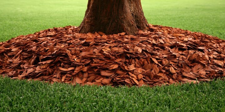 Perfect circular mulch ring made of brown wood chips around a tree trunk base. Landscape design idea for backyard soil moisture conservation, weed suppression, and root protection on a green lawn.