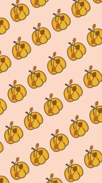 Seamless autumn pattern of cute yellow pumpkins with leaves on an abstract vertical soft peach background animation for cute Thanksgiving wallpaper and fall season backdrop design.
