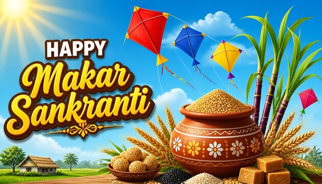 Happy Makar Sankranti Wishes Kite Festival India Pongal Harvest Celebration Background Image