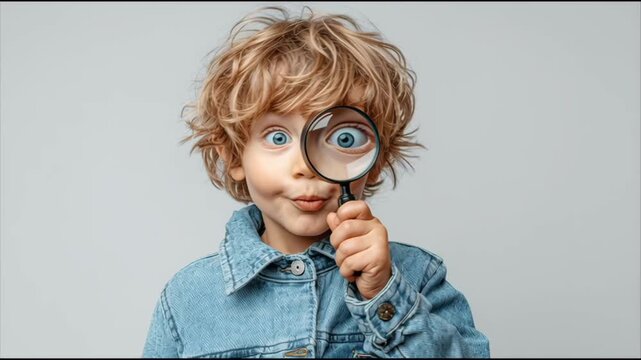 Young Caucasian boy with curly hair looking through a magnifying glass against a simple light grey studio background.