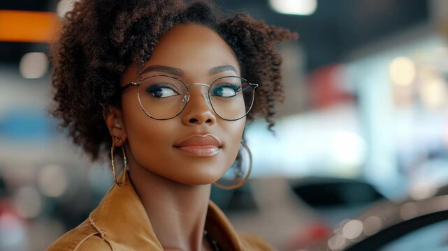 A woman with curly hair looking over her shoulder while wearing glasses and earrings. She is dressed in a beige blazer.