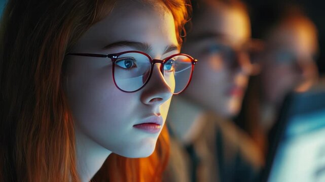 A young woman with glasses intently looking at a laptop screen. She has red hair and is wearing a blue top. In the background, there are other people working at desks under low lighting.
