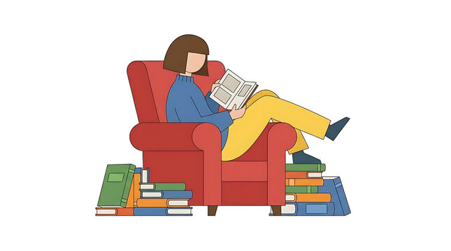 Person reading book in a red armchair.