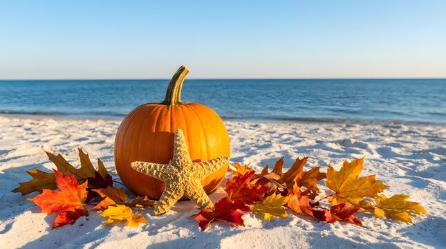 A bright orange pumpkin surrounded by colorful autumn leaves sitting on a white sandy beach during a sunny tropical halloween vacation day