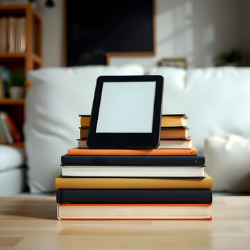 E-reader with blank screen standing vertically on a stack of colorful books in a cozy home environment, this arrangement represents the intersection of traditional and digital reading