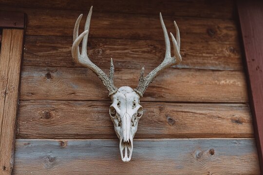 deer skull with antlers hanging on cabin wall