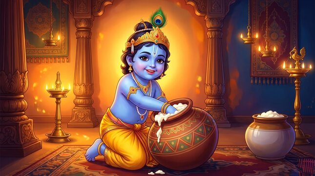 Cute little child eating fresh butter from clay pot for vishu and sri krishna birthday during hindu festivals like janmashtami and traditional indian culture art