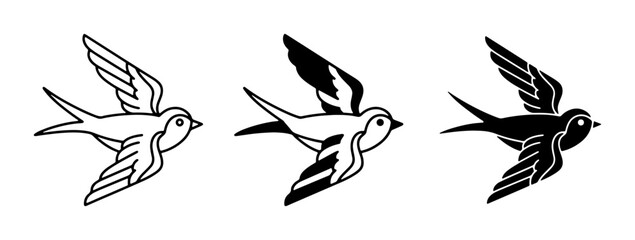 Fototapeta premium Three Flying Swallows Vector Icons, Black and White Bird Silhouettes, Simple Line Art Animal Graphics for Nature and Freedom Themes