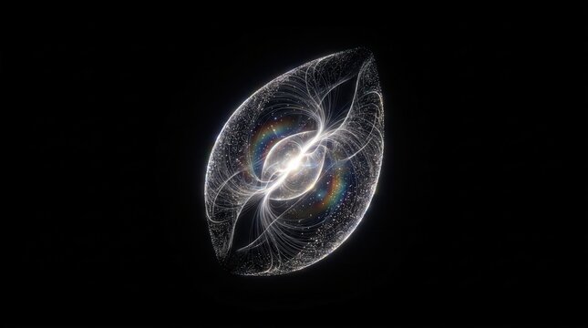 Abstract elliptical particle shell with central glowing light core, particles