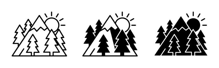 Fototapeta premium Mountain Landscape Icons, Forest Scenes, Sun and Trees Vector Graphics, Nature Outdoors Collection