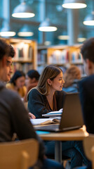 Fototapeta premium rear view of a multiethnic team of high school students discussing a group project at a table with a laptop in a bright library, backs to camera, teamwork and education concept,