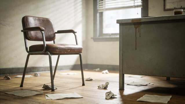 Abandoned office interior featuring worn leather chair beside distressed metal desk scattered papers crumpled notes warm sunlight through window aged walls dusty floor nostalgic atmosphere conveys 