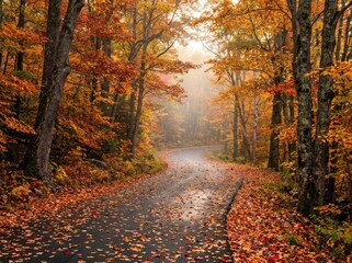 Fototapeta premium Scenic Autumn Forest Road Covered in Fallen Leaves.