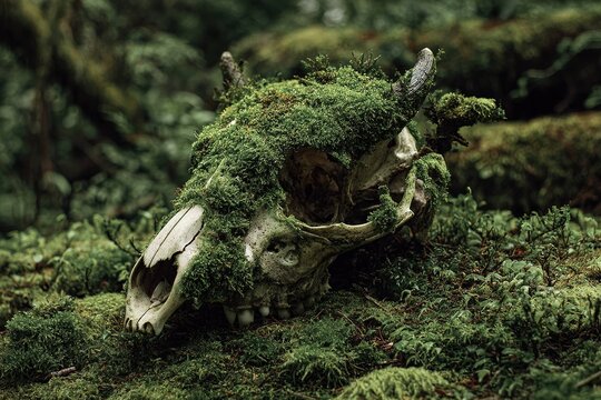 lynx skull half covered in moss