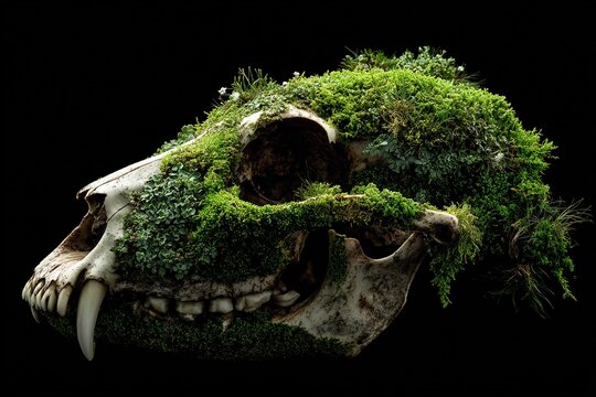 lynx skull half covered in moss